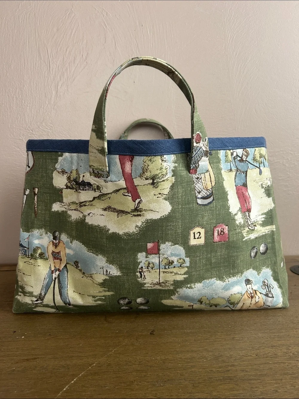 Vintage Handmade Toile Pattern Canvas Green Golf-Print Open Tote Bag.